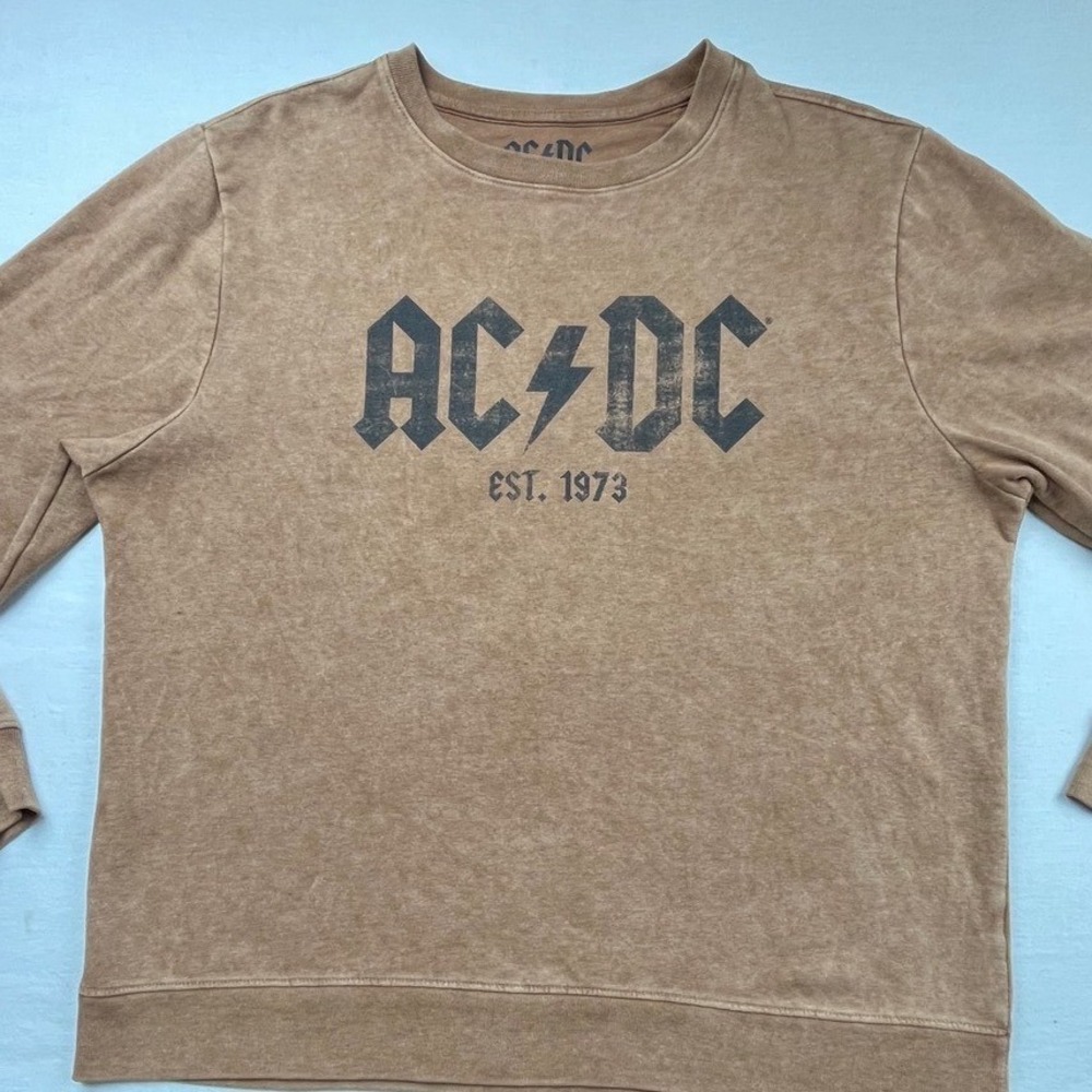 AC/DC Graphic Sweatshirt Mens Large Brown Acid Wash Est 1973 Band Logo Pullover